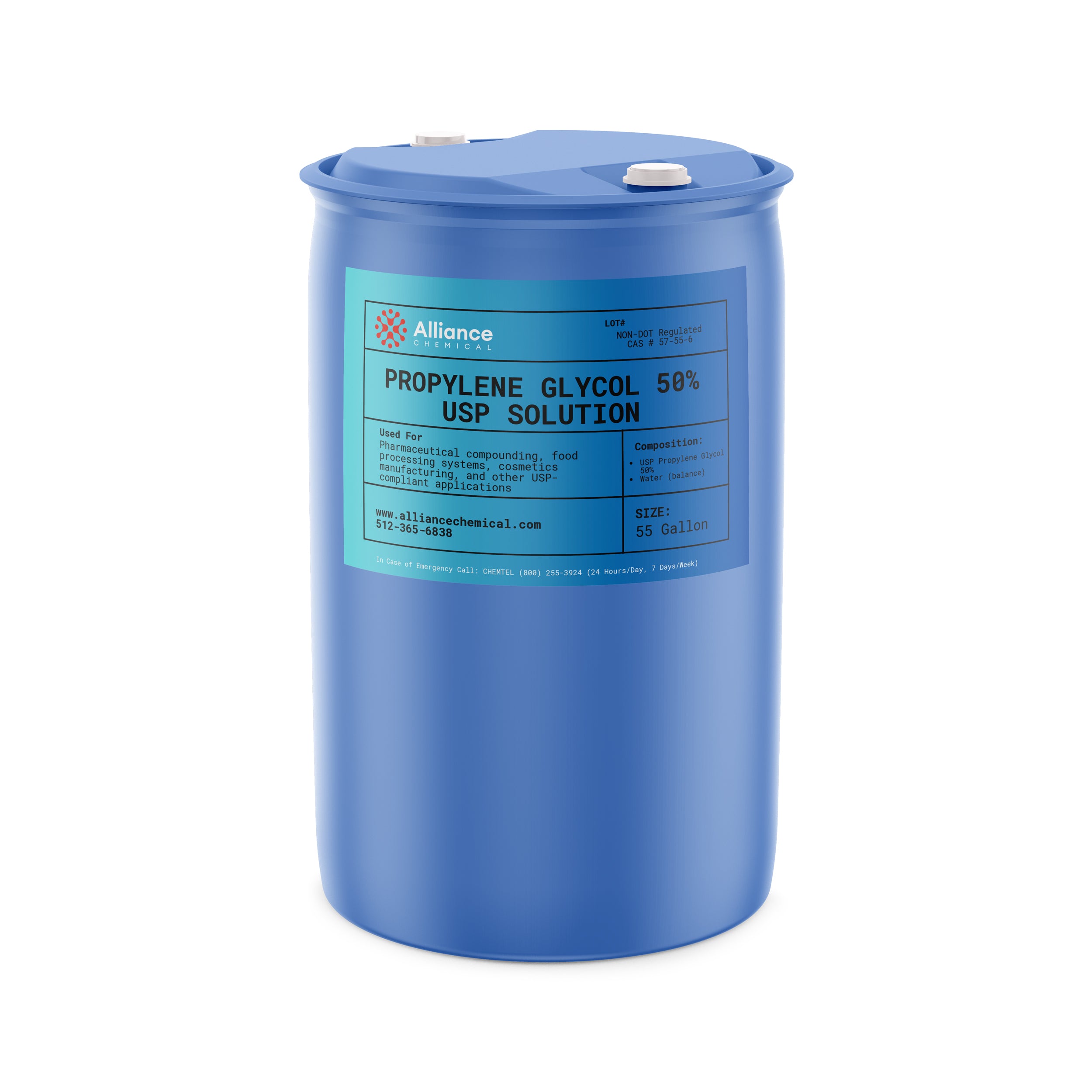 Alliance Chemical propylene glycol 50% in blue 55-gallon drum with USP labeling and color-coded lid